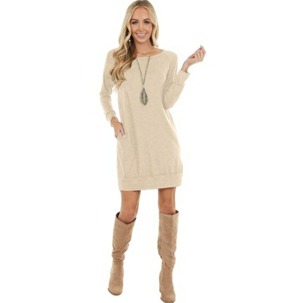 Long Sleeves Causal Loose Round-Neck Tuinc Dress Beige